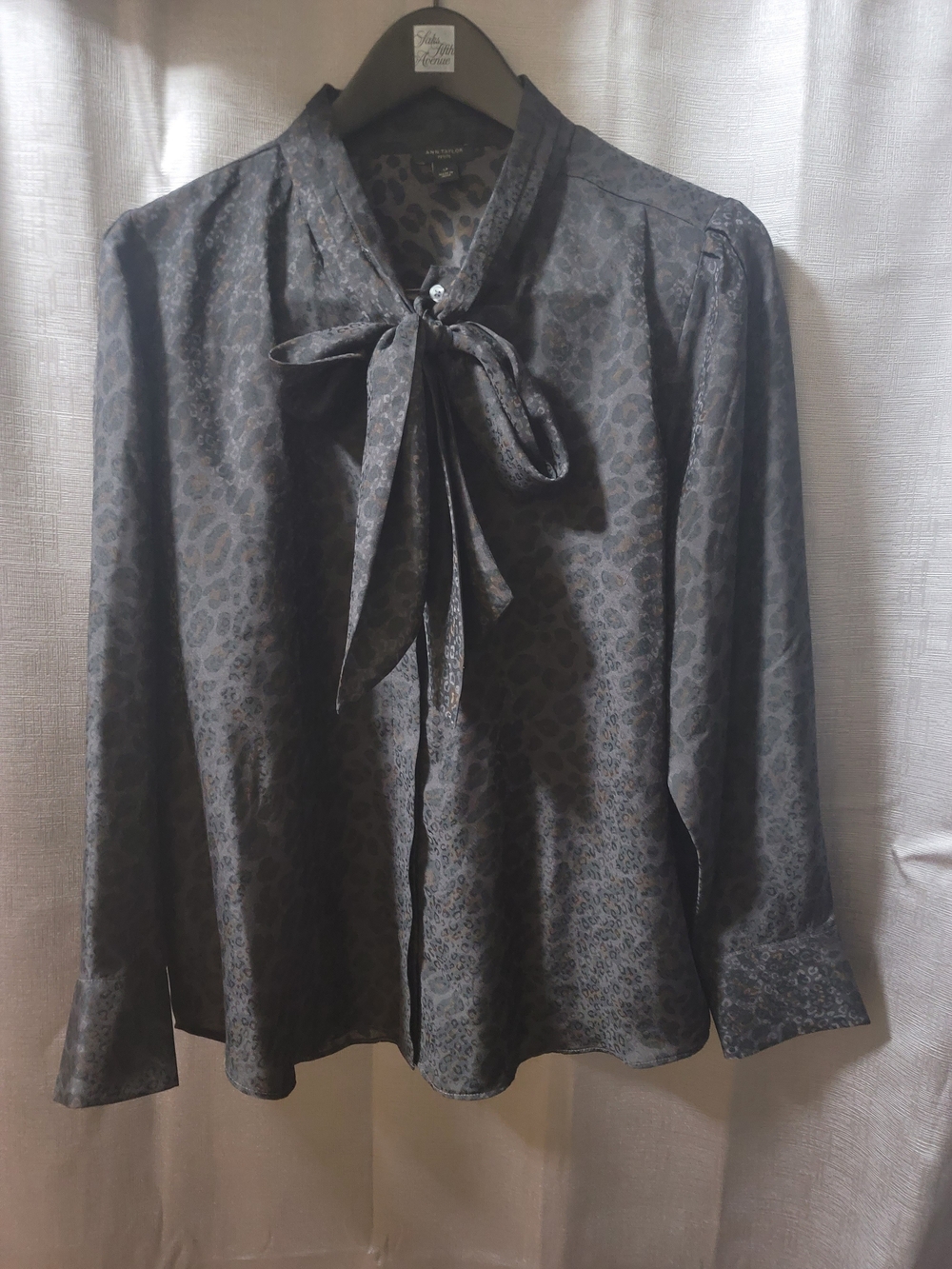 Ann Taylor Black Gray Leopard Print Tie-Neck Blouse